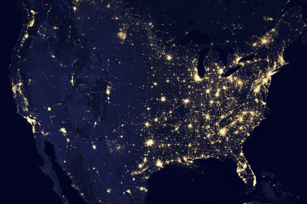 A NASA handout image of the continental United States at night shows a composite assembled from data acquired by the Suomi NPP satellite